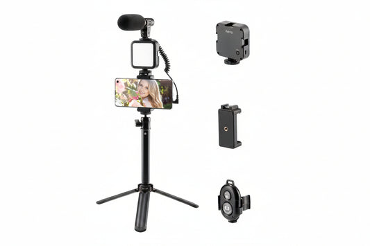 Vlogging kit including a wireless selfie stick, a microphone, a smartphone mount, and a tripod with a ball head.