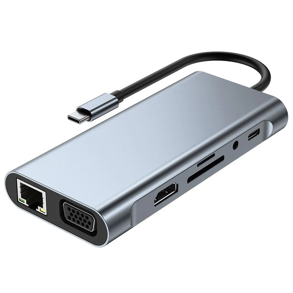11 in 1 Docking Station Adapter( Type C To VGA, HDMI, ETHERNET, 4 USB 3.0, SD CARD, Tf CARD & 2 Type-C.)
